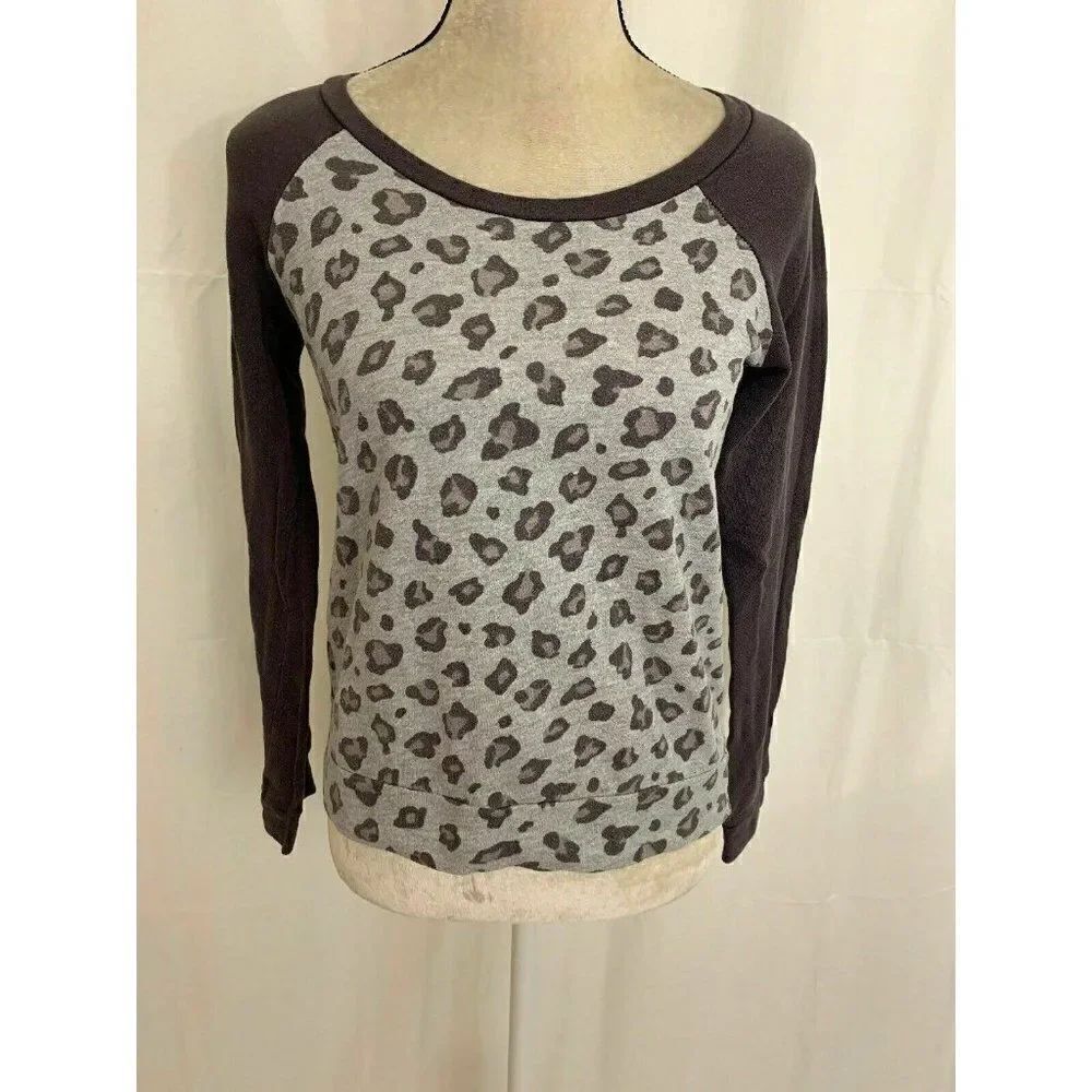 Splendid Womens Grey Gray Long Sleeve Leopard Print Sweater Top Xs
